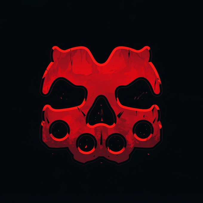 A stylized red panda logo design featuring a skull-like face with dark eye sockets on a black background.