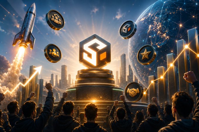 A vibrant digital artwork depicting a rocket launch, floating crypto/team icons, and cheering crowds celebrating a project with an upward-trending chart against a city skyline.