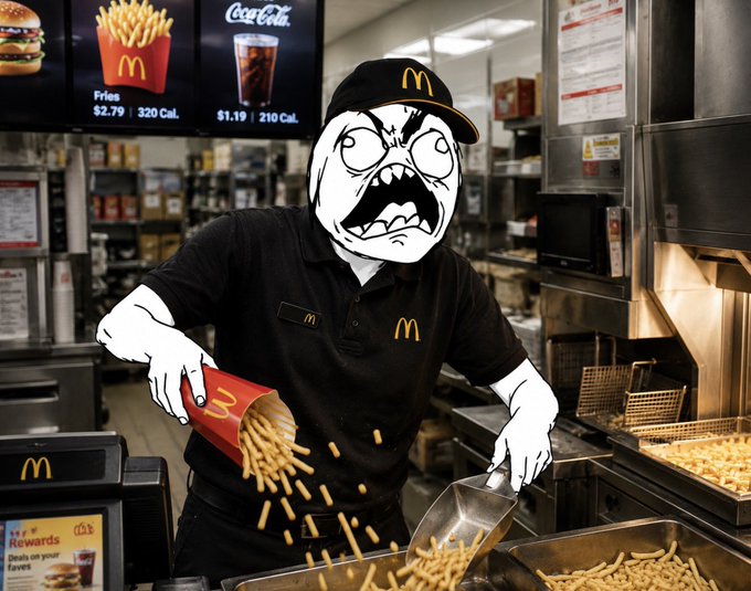 A surreal edited image of a person in a McDonald's uniform pouring fries, featuring an exaggerated, angry cartoon rage face with wide eyes and bared teeth.