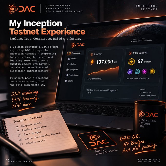 A stylized blog-style graphic titled "My Inception Testnet Experience" promotes the DAC Inception Testnet, featuring a laptop dashboard showing "Total QE: 137,000" and "Total Badges: 67," along with a notepad checklist and branded coffee mug.