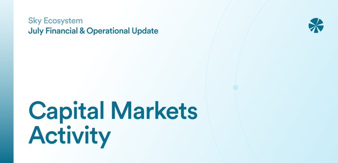 A cover slide titled "Capital Markets Activity" from the Sky Ecosystem July Financial & Operational Update, featuring a clean blue and white design with a small pinwheel-style logo in the top right corner. The slide appears to introduce a section highlighting July's capital markets developments, including GROVE's exchange launches and Spark's $150M+ liquidity migration to Uniswap v4 mentioned in the post.
