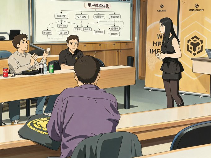 An anime-style illustration of a meeting in a conference room, featuring a man presenting to seated colleagues, with a whiteboard displaying a diagram titled '用户体验优化' and banners labeled 'Y2L.AI' and 'BNB CHAIN'.