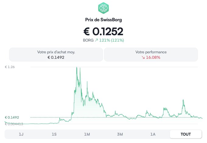 SwissBorg ($BORG) price chart showing the current price of €0.1252, with a 121% gain, against an average purchase price of €0.1492 resulting in a 16.08% loss, visually confirming the bear market context as the user expresses confidence in building through risk and initiative.