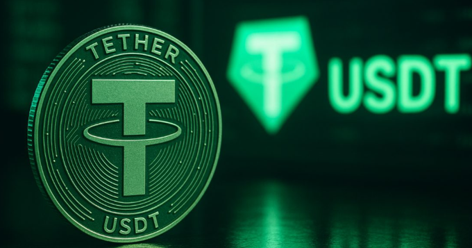 A green-tinted image displays a physical Tether (USDT) cryptocurrency coin alongside a glowing Tether logo and "USDT" text, visually representing the company's brand as Tether announces plans to expand into AI applications for emerging markets following surpassing 650 million users.