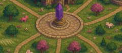 A screenshot from a video game showing a top-down view of a circular stone platform with a glowing purple crystal obelisk in the center, surrounded by paths, trees, and animals.