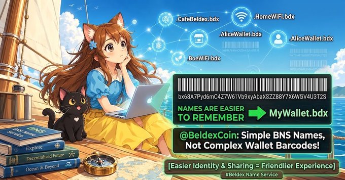 An anime character with a black cat sits on a boat using a laptop, while the right side illustrates Beldex Name Service converting a complex wallet barcode "MyWallet.bdx" into simpler names like "CafeBeldex.bdx" and "HomeWiFi.bdx," directly supporting the post's message that BNS makes crypto identities easier to remember than long wallet addresses.