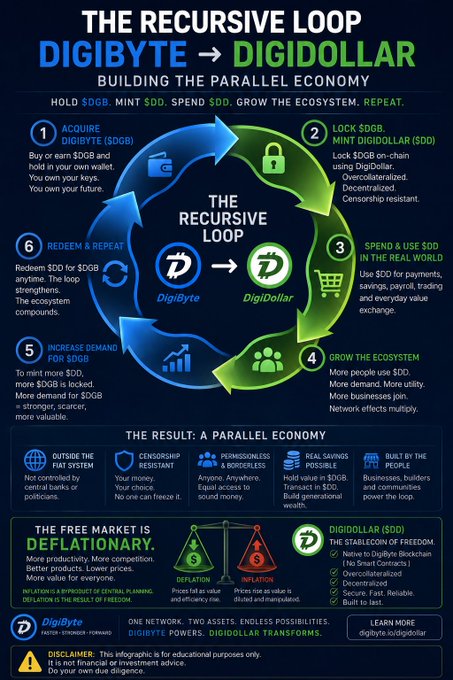An infographic titled 'THE RECURSIVE LOOP: DIGIBYTE → DIGIDOLLAR,' outlining a 6-step cycle to build a parallel economy with explanations for acquiring, locking, spending, and growing the ecosystem.