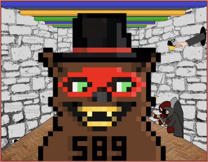 A pixelated illustration of a brown bear character with a red face, green eyes, and a top hat labeled '589', with a small armored figure holding a sword and a hand reaching out from a wall in the background.