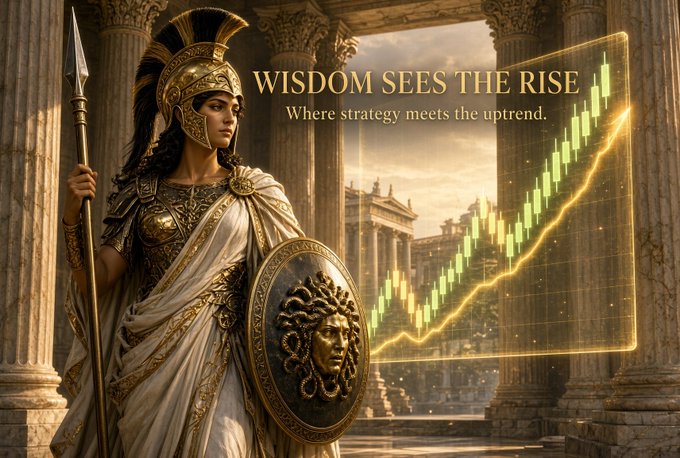 An illustration of an ancient Greek-style female warrior in armor holding a spear and shield, standing in front of classical columns alongside a glowing candlestick chart with the text 'WISDOM SEES THE RISE - Where strategy meets the uptrend.'