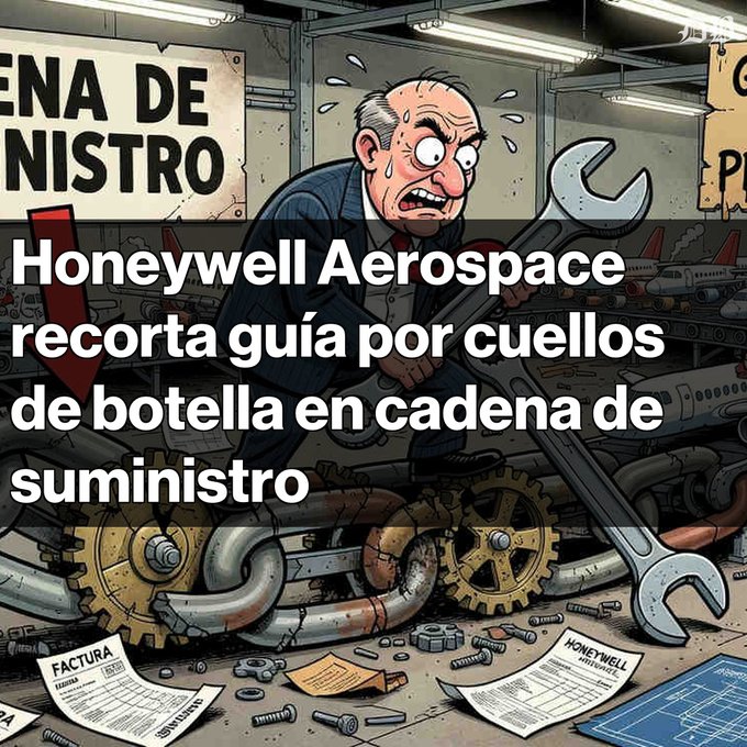 A cartoon illustration of a stressed businessman holding a large wrench amid industrial machinery, with Spanish text reading 'Honeywell Aerospace recorta guía por cuellos de botella en cadena de suministro'.