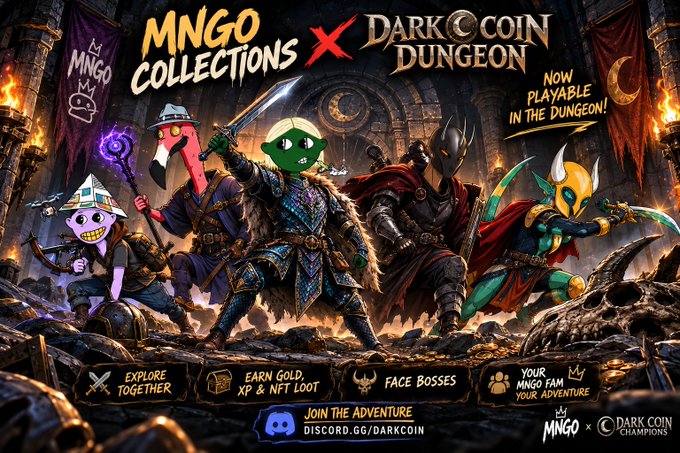 A promotional banner for 'MNGO COLLECTIONS X DARK COIN DUNGEON' showing fantasy NFT characters with text 'NOW PLAYABLE IN THE DUNGEON!' and Discord link discord.gg/darkcoin.