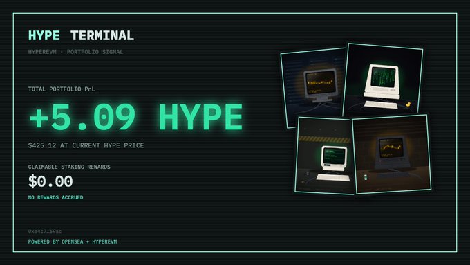 The image shows a "HYPE TERMINAL" dashboard powered by OpenSea × HyperEVN, displaying a portfolio PnL of +5.09 HYPE (valued at $425.12 at current price) with $0.00 in claimable staking rewards. It relates to the post by showcasing the PnL checker tool's output, where the creator shares their own 5 HYPE gain as a baseline to encourage others to check and share their results via the platform's social card feature.