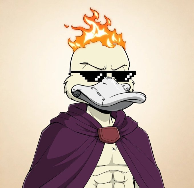 An illustration of an anthropomorphic duck character with a flame on its head, wearing pixelated sunglasses and a purple cape fastened with a red gem.
