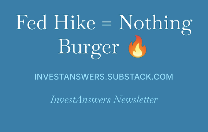 A graphic with a blue background displays the headline "Fed Hike = Nothing Burger " in white text, along with "INVESTANSWERS.SUBSTACK.COM" and "InvestAnswers Newsletter," directly previewing the newsletter's analysis that the recent Federal Reserve rate hike had minimal market impact while noting key price targets like Google's $325 and Bitcoin's path to $90K.