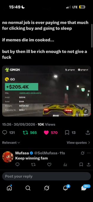 A mobile screenshot of a post about memecoin trading showing $GMGN with a +$205.4K (2038.69%) gain, with the caption 'no normal job is ever paying me that much for clicking buy and going to sleep'.