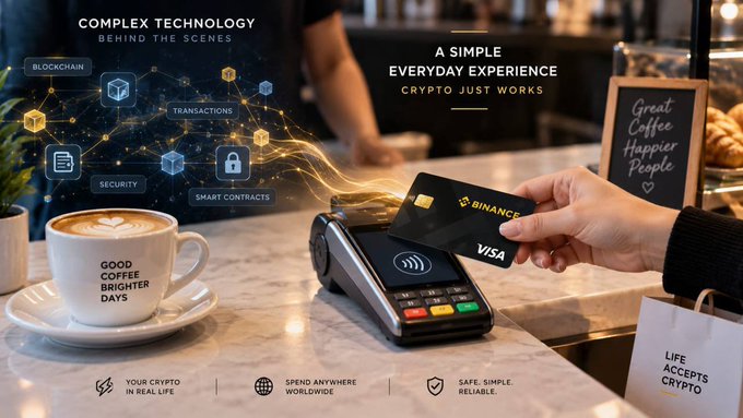 A customer taps a Binance Visa card on a contactless terminal at a coffee shop, illustrating how Binance Card abstracts complex blockchain technology—blockchain, security, transactions, and smart contracts—into a seamless everyday "tap-to-pay" experience where the merchant simply processes a standard Visa transaction.
