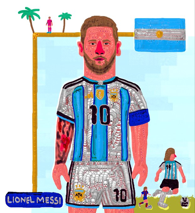 The image features a cartoon-style portrait of a soccer player, specifically Lionel Messi, wearing his signature blue and white striped jersey with the number 10. The portrait also includes a small figure of another soccer player dressed in a red shirt and shorts. The background is a simple white wall, which contrasts nicely with the colorful and detailed portrait. The post that accompanies this image reads: "Lionel Messi 15 eds 13 tezos @objktcom".