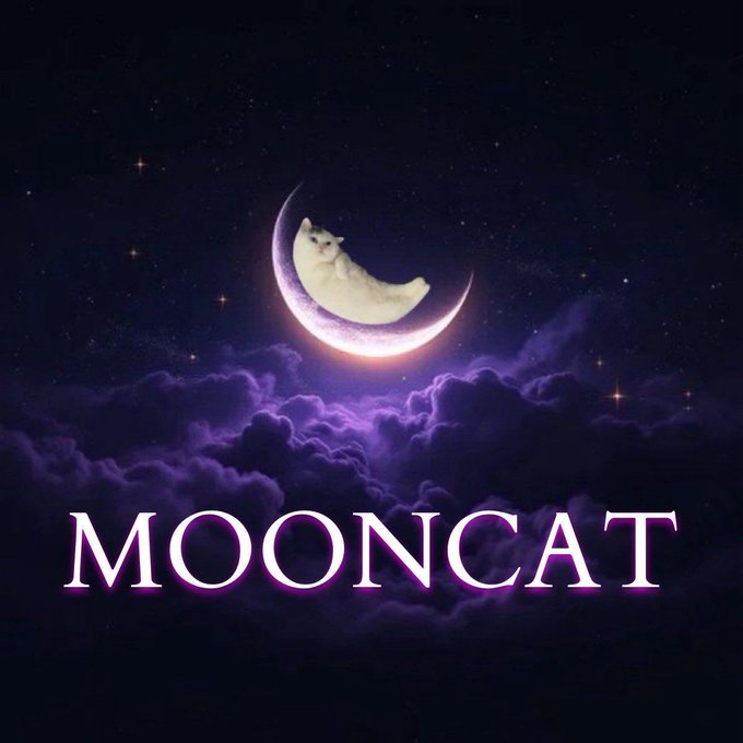 A digital illustration features a white cat lounging on a glowing crescent moon against a starry night sky with purple clouds, accompanied by the text "MOONCAT".