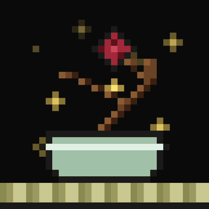Pixel art image showing a wilted red rose in a teal pot against a black background, with brown and yellow pixel accents scattered around.