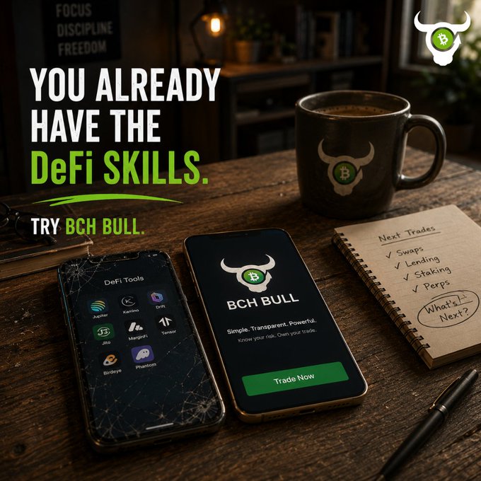 A promotional image for a crypto project called 'BCH BULL' with the text 'YOU ALREADY HAVE THE DeFi SKILLS. TRY BCH BULL,' showing two phones, a branded coffee mug, and a notebook listing 'Next Trades' on a wooden desk.