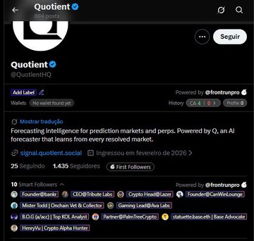 A Twitter/X profile page for @QuotientHQ (@Quotient) showing 1,439 followers and a bio describing an AI forecaster for prediction markets.