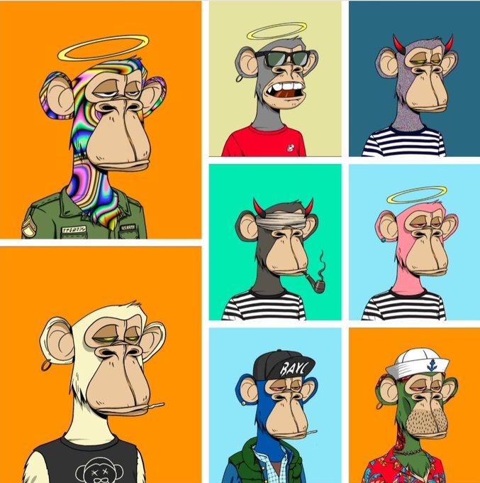 A grid of seven stylized Bored Ape Yacht Club (BAYC) NFT portraits, each with unique traits like halos, sunglasses, horns, and a "BAYC" cap, paired with the caption "flex the jpegs" to celebrate the pride of displaying one's NFT collection.