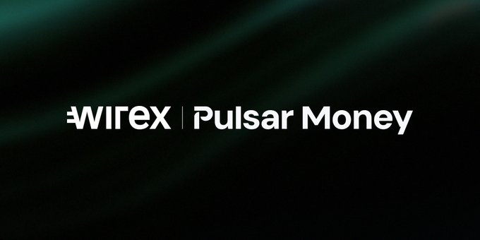 The image displays a sleek dark background with subtle teal lighting accents, featuring the text "WIREX | Pulsar Money" in white lettering, visually announcing the partnership between Wirex and Pulsar Money. The clean, modern design serves as a title card for the announcement about their collaboration as Wirex's first BaaS partner launch on Arc.