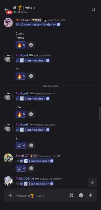 The image shows a Discord chat in "#🏆 | wins" channel where users like NoobCake, Punkgod, Bro of CT, and MEINDOZAH are celebrating their memecoin trading wins, with multipliers ranging from 2x to 6x. This connects to the post by showing users proudly sharing their profits in a dedicated "wins" channel, likely after receiving exclusive invite links that led to successful trades.