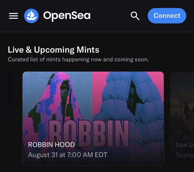 A screenshot of the OpenSea website showing the 'Live & Upcoming Mints' section featuring a Robbin Hood NFT collection minting on August 31 at 7:00 AM EDT.