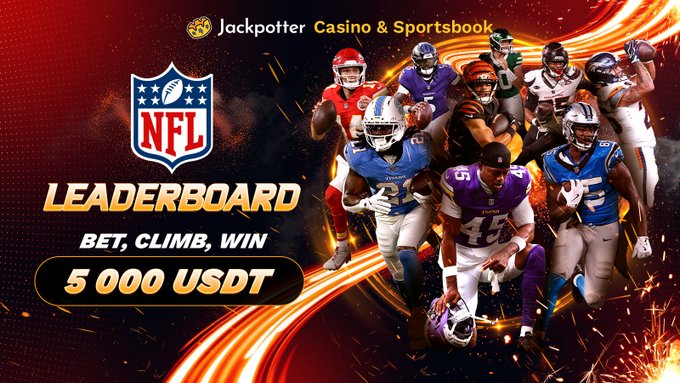 The promotional image showcases the NFL Leaderboard competition at Jackpotter Casino & Sportsbook, featuring dynamic action shots of multiple NFL players in various team uniforms charging forward against a fiery, sparks-filled orange and black background. Key text includes the Jackpotter Casino & Sportsbook logo at the top, the official NFL shield logo, "LEADERBOARD" in bold lettering, the tagline "BET, CLIMB, WIN," and "5 000 USDT" prominently displayed in an oval, highlighting the prize pool for the betting challenge.