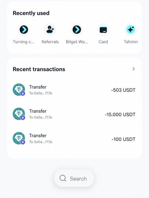 A screenshot of a BitgetWallet dashboard showing recent transfers to address 0x0a...f17e including -503 USDT, -15.000 USDT, and -100 USDT, supporting the post's claim about using Bitget Wallet with their referral code ZrgFwhPo.