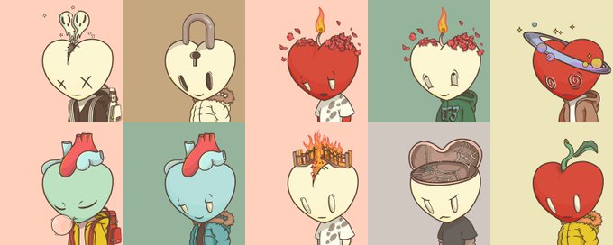 A grid of ten cartoon-style heart and apple characters with various head accessories and clothing, including one with a padlock, one with a ring of fire, and one with a Saturn-like planet.