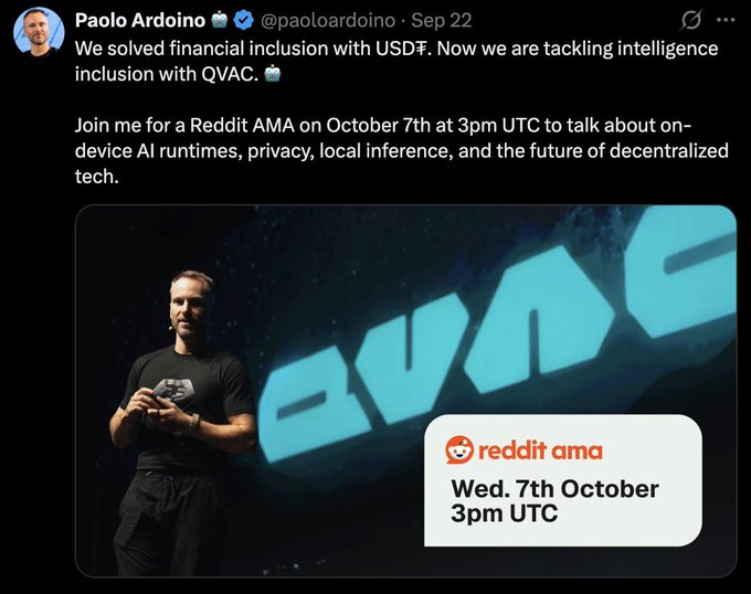 A tweet from Paolo Ardoino (@paoloardoino) dated Sep 22 announces a Reddit AMA about QVAC and on-device AI, scheduled for October 7th at 3pm UTC, accompanied by a photo of him on stage.