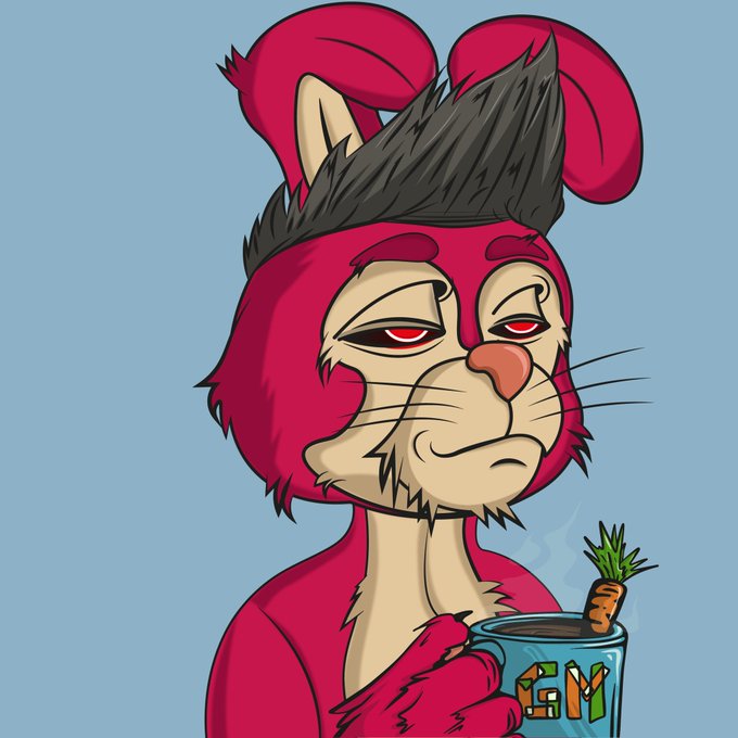 A cartoon illustration of a red and cream-colored feline character with a pompadour hairstyle, holding a mug that has a carrot steaming out of it and displays the text 'cat'.