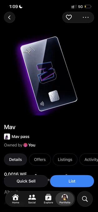 A screenshot from a crypto wallet app showing a digital card called 'Mav' (Mav pass), owned by the user, with Quick Sell and List options.