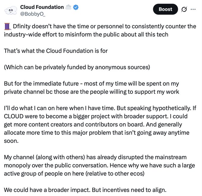 This image shows a Twitter post from the Cloud Foundation, discussing their role in countering misinformation about Dfinity technology and the potential impact of the fully on-chain model on projects like $ICP and $CLOUD. The post highlights the need for broader support and aligned incentives for greater impact.