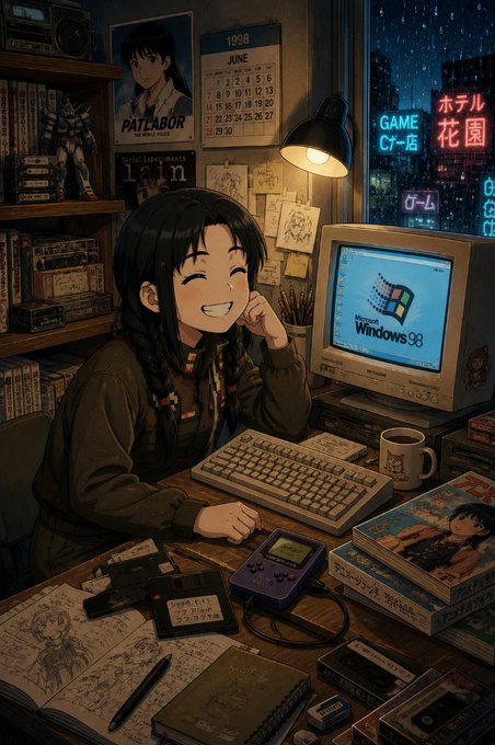 An anime-style illustration shows a smiling girl with braided hair sitting at a desk in a retro room, facing a computer monitor displaying the Windows 98 logo.