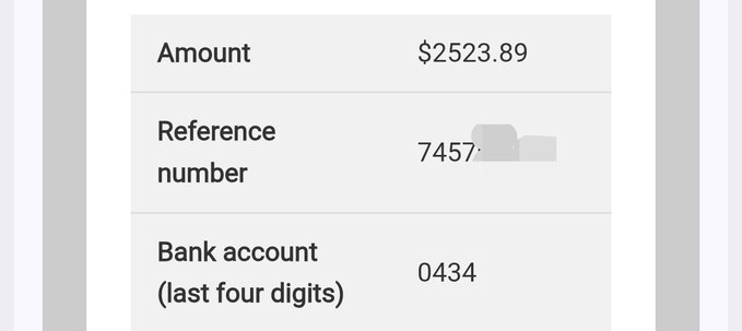 A screenshot shows a payment confirmation of $2523.89 sent to a bank account ending in 0434, with reference number 7457... (partially obscured), appearing to serve as proof of ambassador program earnings referenced in the post.