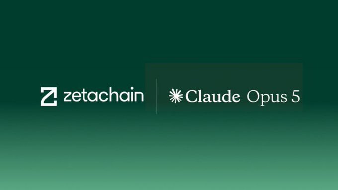 A graphic with a green gradient background displaying the logos for 'zetachain' and 'Claude Opus 5' side by side with a vertical divider between them.