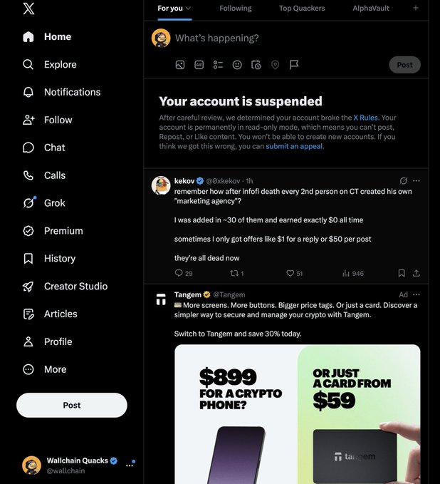 An X/Twitter interface displays “Your account is suspended,” with posts from “kekov @kkekov” and “Tangem @Tangem” visible in the feed.