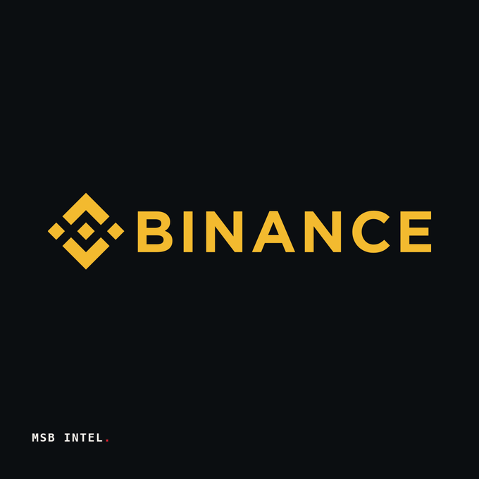 The image displays the Binance logo in gold against a black background, with the "BINANCE" wordmark prominently featured alongside its signature diamond-shaped emblem. A small "MSB INTEL" watermark appears in the bottom-left corner, indicating the image was created by a crypto news source to accompany news of Binance Alpha's upcoming listing of Teller and its airdrop via Alpha Points.