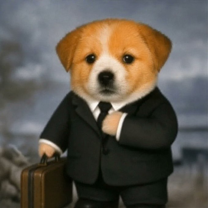 A digital painting of a cute puppy with orange and white fur, dressed in a black business suit and tie, holding a brown briefcase against a cloudy sky background.
