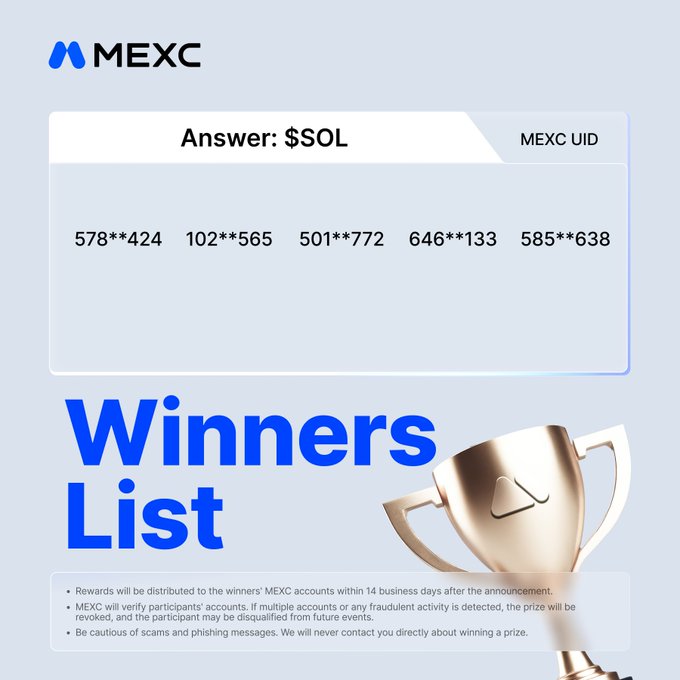 A MEXC 'Winners List' graphic reveals 'Answer: $SOL' with five partially masked MEXC UIDs (e.g., 578**424, 102**565) and includes disclaimers about reward distribution timelines and scam warnings.