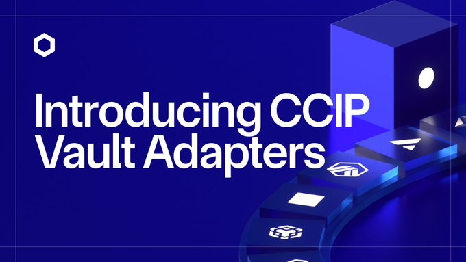A sleek tech-style promotional banner with the text "Introducing CCIP Vault Adapters" against a deep blue background with 3D blockchain-themed graphics.