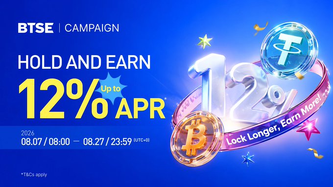A BTSE campaign banner promoting a "Hold and Earn" event offering up to 12% APR on USDT and BTC, running from August 7–27, 2024, with a tagline encouraging users to "Lock Longer, Earn More."