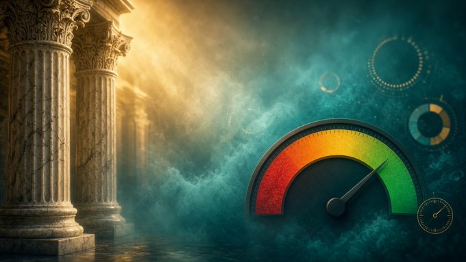 An artistic illustration featuring ancient stone columns on the left and a colorful gauge/speedometer on the right against a misty blue-green background.