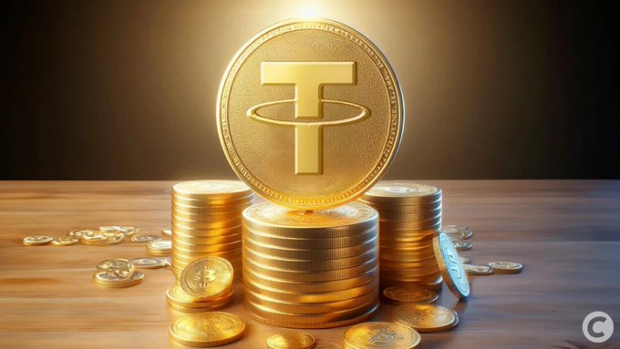 Stack of golden coins with a large Tether (USDT) coin standing upright, illuminated against a dark background.