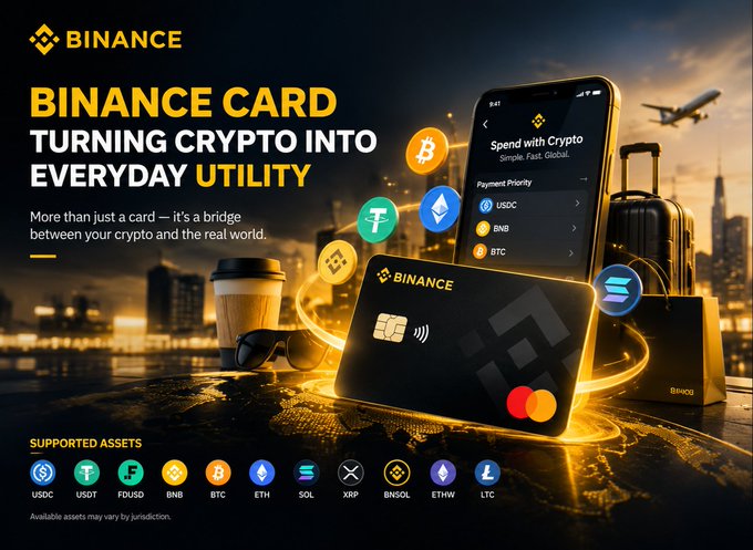The image is a promotional graphic for the **Binance Card**, featuring the headline *"Binance Card: Turning Crypto into Everyday Utility,"* with a black Binance card displayed alongside a smartphone showing a "Spend with Crypto" payment screen, a coffee cup, sunglasses, luggage, and an airplane — visually reinforcing the card's real-world usability. A row at the bottom lists **Supported Assets: USDC, USDT, FDUSD, BNB, BTC, ETH, SOL, XRP, BNSOL, ETHW, and LTC**.

The graphic directly supports the post's message by illustrating how the Binance Card bridges the gap between holding crypto and actually spending it on everyday purchases like coffee, travel, and more — transforming digital assets into tangible utility.
