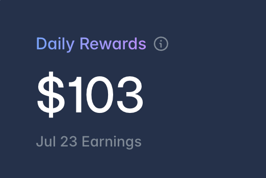 The image displays a "Daily Rewards" section showing **$103** in earnings dated **Jul 23**. The poster notes irony: despite this seemingly high daily LP reward figure, they ended up losing money because an order they placed consumed the rewards pool, suggesting the incentives are merely bait to attract liquidity before vanishing.