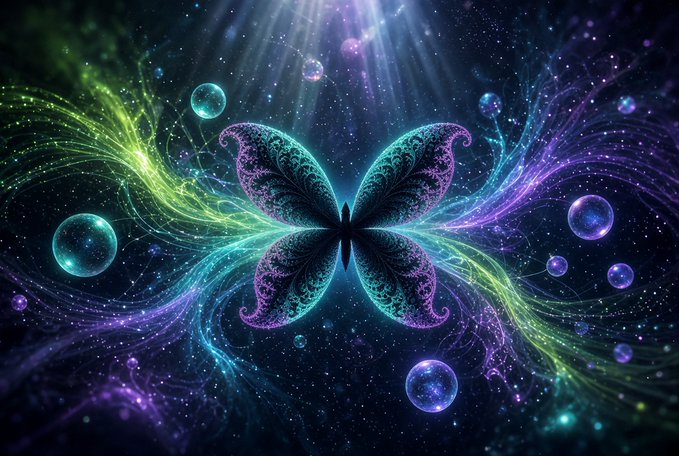 A vibrant digital artwork featuring a symmetrical butterfly with intricately patterned teal and purple wings, surrounded by glowing neon swirls, floating bubbles, and sparkling stars against a dark cosmic background.
